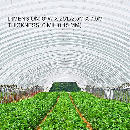 VEVOR Greenhouse Plastic Sheeting 8 x 25 ft, 6 Mil Thickness UV Resistant Clear Polyethylene Film, Hoop Green House Cover for Farms, Agriculture, Garden