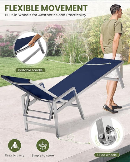 Patio Chaise Lounge Chair Outdoor with Wheels&Armrests, Aluminum Pool Lounge Chairs Set of 2 Five-Position Adjustable Recliner, Outdoor Beach Lounge Chairs for Poolside, Patio, Deck, Yard, Navy Blue