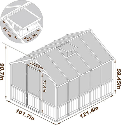 BlueWish 8x10 FT Greenhouse Kit, Wood Greenhouses with 6MM Polycarbonate Panel, Green House with Adjustable Vent & Lockable Door, Walk-in Greenhouse for Outside, Garden, Backyard