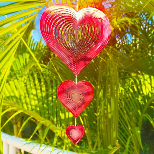 Wind Spinners Outdoor, 3D Red Hearts Hanging Wind Spinners, 14 inches, Kinetic, Stainless-Steel Metal, Smooth Spinning, Indoor and Outdoor Decoration for Garden, Patio, Yard, Gift for Women Mom Wife