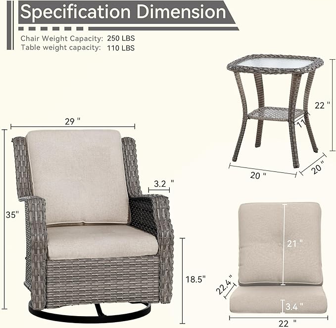 Patio Bistro Set 3 Pieces - Outdoor Swivel Rocker Patio Chair Set of 2 with Matching Tempered Glass Side Table, Cushion Included(Mixed Grey/Beige)