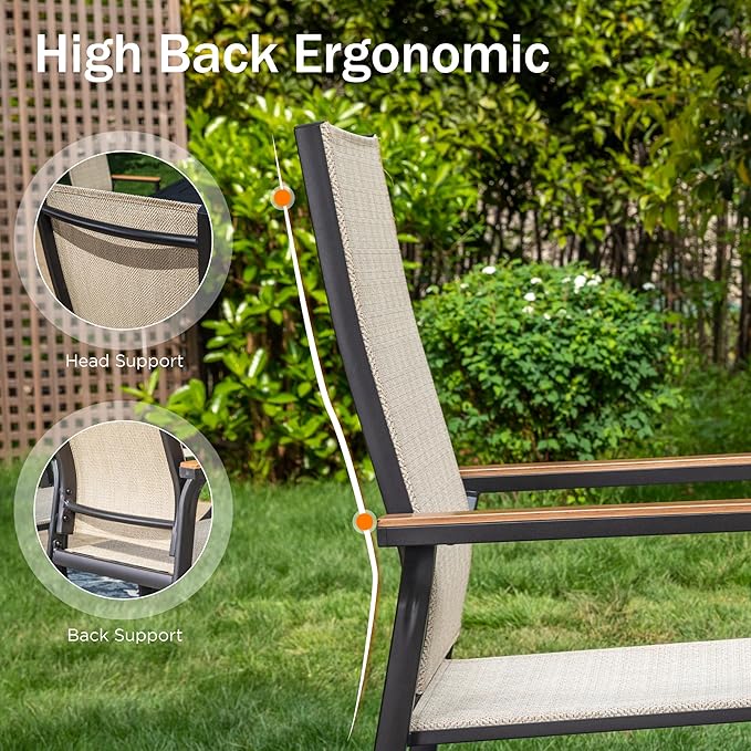 PHI VILLA Outdoor Stackable Chairs, Patio Chairs Set of 2, Light Weight Aluminum Frame with Textilene Fabric & Wood Armrest, High Back Deck Chairs for Poolside Lawn Garden, Beige
