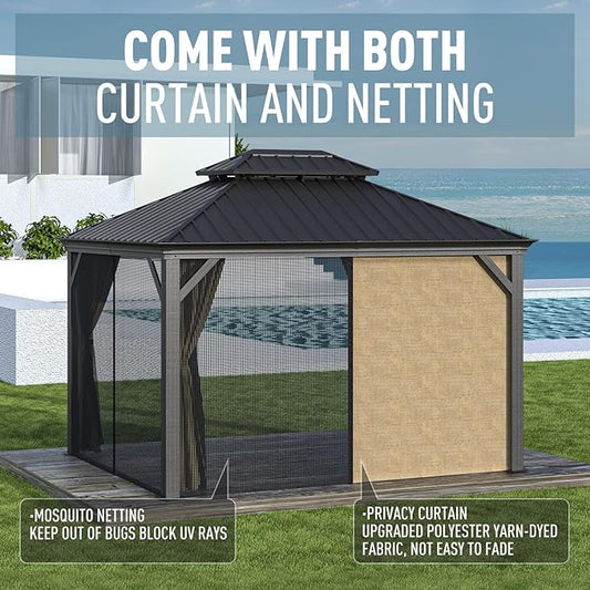 Gazebo 10' x 12' with Mosquito Net and Privacy Sidewalls, Patio Aluminum Permanent Gazebo, All Weatherproof Outdoor Hardtop Metal Gazebos，for Patio, Garden, Parties, Backyard,Lawn.