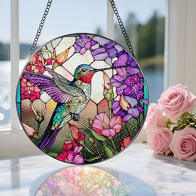 8 Inch Stained Glass Suncatcher Ornament, DOUHASU Hummingbird Sun Catchers Indoor Window, Stained Glass Window Hanging, Home Decor, Hummingbird Lovers Gifts for Women, Mom, Friend