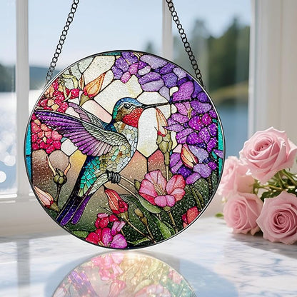 8 Inch Stained Glass Suncatcher Ornament, DOUHASU Hummingbird Sun Catchers Indoor Window, Stained Glass Window Hanging, Home Decor, Hummingbird Lovers Gifts for Women, Mom, Friend