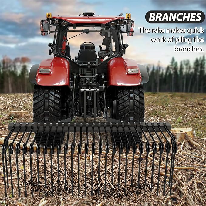 60 Inch 3 Point Tractor Rake, Pine Straw Needle Rake, Durable Powder Coated Steel Spring Landscape Rakes Fit for Cat0,Cat1,Black