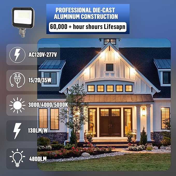 LAMPHOME LED Flood Lights Outdoor 15/20/35W and 3000/4000/5000K Adjustable 3900Lm,Dusk-to-Dawn Sensor o Dawn Flood Light for Yard, Garage, Garden,UL Listed, Includes Knuckle Mount UL Listed