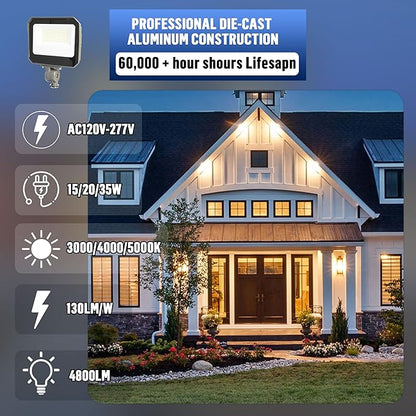 LAMPHOME LED Flood Lights Outdoor 15/20/35W and 3000/4000/5000K Adjustable 3900Lm,Dusk-to-Dawn Sensor o Dawn Flood Light for Yard, Garage, Garden,UL Listed, Includes Knuckle Mount UL Listed