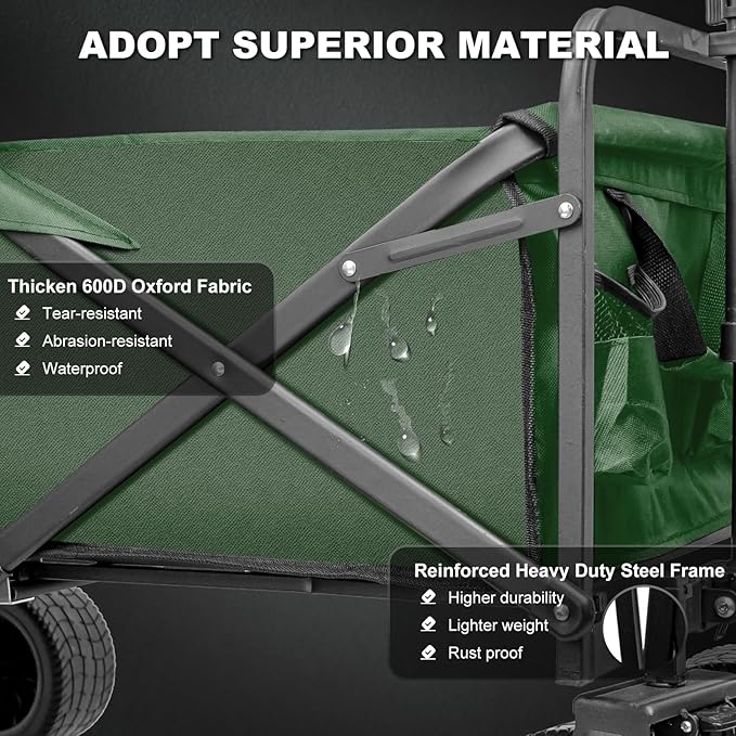 SZHLUX Collapsible Foldable Wagon with Big Wheels for Sand, Utility Grocery Wagon with Side Pocket and Brakes for Camping, Sports, Outdoor Activities