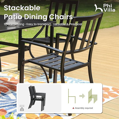 PHI VILLA 9 Pieces Outdoor Dining Set for 8, Large Rectangular Metal Table with Umbrella Hole & Stackable Wrought Iron Chairs, Dining Furniture for Patio, Deck, Yard, Porch