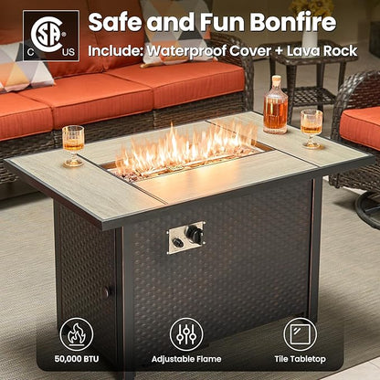 ovios 7 Pieces Patio Furniture Set, Outdoor Wicker Sofa Couch with Swivel Chairs 42" Fire Pit Table, High Back All Weather Modern Conversation Sets, Brown Rattan, Orange Red