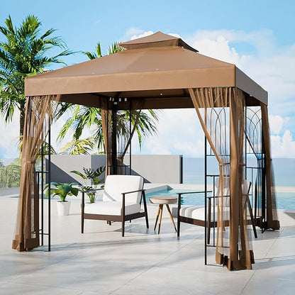 COOS BAY 8x8 Outdoor Patio Gazebo with Netting and Corner Shelves, Two-Tier Soft Top Canopy for Backyard, Lawn, Deck and Garden, Brown