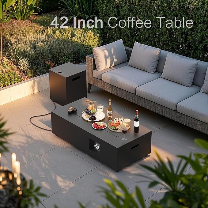 42" Outdoor Fire Pit Table, 50,000 BTU Gas Fire Pit with Glass Windshield, Rocks, Waterproof Cover, Propane Fire Pit Table for Outside Patio (Black, 42 inch)