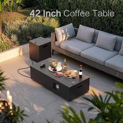 42" Outdoor Fire Pit Table, 50,000 BTU Gas Fire Pit with Glass Windshield, Rocks, Waterproof Cover, Propane Fire Pit Table for Outside Patio (Black, 42 inch)
