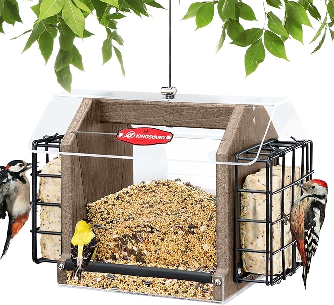 Kingsyard Hopper Bird Feeder for Outdoors Hanging, Recycled Plastic Double Suet Feeder with Clear View Windows, 3 LBS Seed, Cardinal Woodpecker Bluebird Feeder, Brown