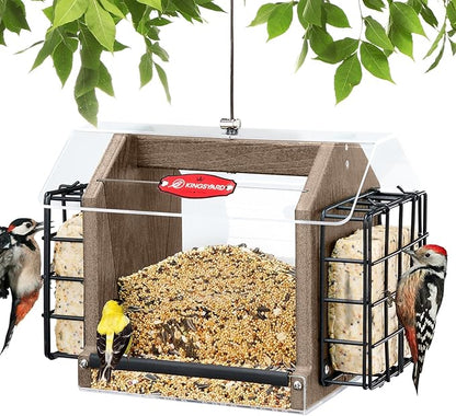 Kingsyard Hopper Bird Feeder for Outdoors Hanging, Recycled Plastic Double Suet Feeder with Clear View Windows, 3 LBS Seed, Cardinal Woodpecker Bluebird Feeder, Brown