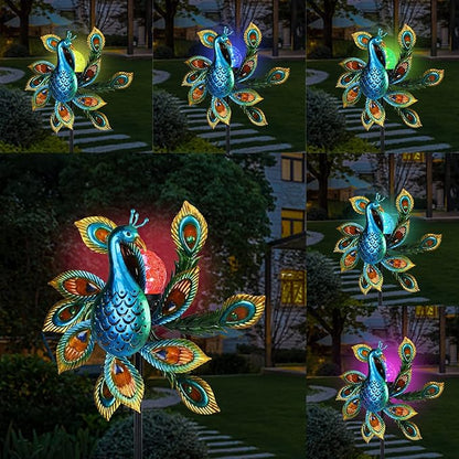 Solar Wind Spinner Outdoor Metal Kinetic Wind Spinners with LED Lighting Glass Ball Peacock Wind Spinner with Stake Decorative Windmill for Yard Lawn Garden Patio Decor