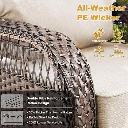 5 Pieces Patio Furniture Set Outdoor Sectional Sofa Couch with Rocking Swivel Chairs 5" Deep Seat Chairs, Modern Wicker Rattan Conversation Set, Beige/Brown Wicker