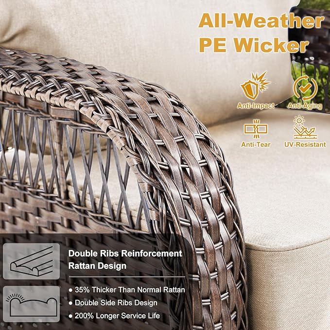 Outdoor Swivel Rocker Chairs - Patio Rocking Chairs Set of 2, 3PCS Wicker Patio Set with 5" Thick Cushion and Side Table, Rattan Patio Swivel Rocking Chairs for Porch, Deck, Backyard Beige/Brown
