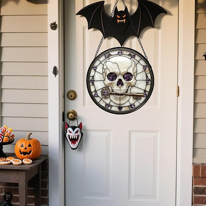 Stained Glass Window Hanging - Halloween Scary Skull Suncatcher for Doors Garden Home Spooky Purple Skeleton Key Sun Catchers Gothic Decor Horror Gifts for Women Men Friend Boy Girl 9.8 in