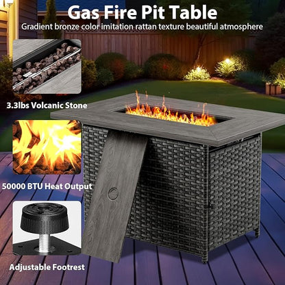 5 Piece Wicker Patio Furniture with Fire Pit Table - Outdoor Conversation Set with 50,000 BTU Fire Pit, All Weather Rattan Patio Set for Deck Backyard Garden - Grey Wicker Grey Cushion