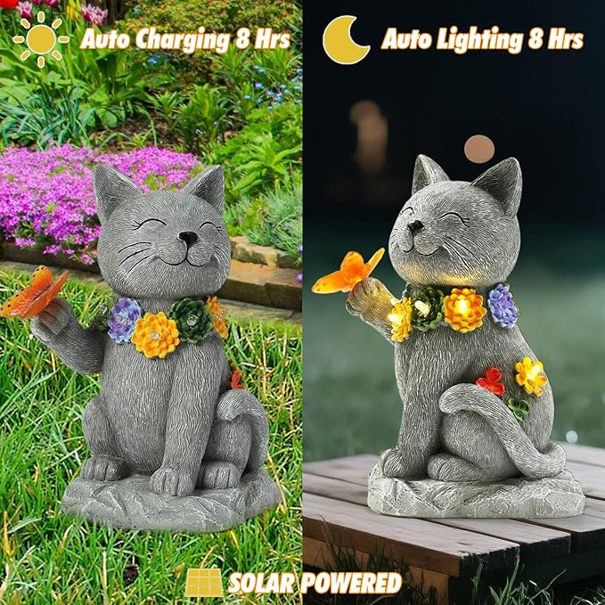 Outdoor Solar Cat Garden Statue - with LED Flowers and Butterfly Yard Art, Suitable for Lawn Decoration, Porch,Yard Decorations Outdoor, Birthday Gift for Mother, Grandmother, or Women