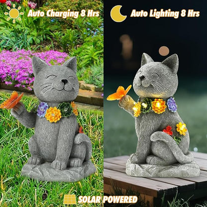 Outdoor Solar Cat Garden Statue - with LED Flowers and Butterfly Yard Art, Suitable for Lawn Decoration, Porch,Yard Decorations Outdoor, Birthday Gift for Mother, Grandmother, or Women