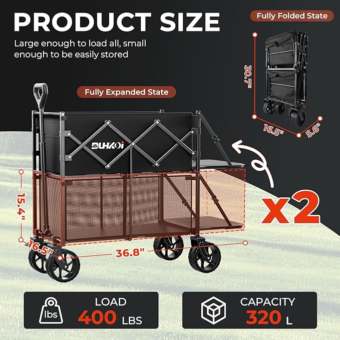 Double Decker Wagon 320L Large Capacity 400LBS Collapsible Sports Utility Cart with Big Wheels,Double Extended Tailgate Heavy Duty Folding Wagon Cart for Groceries,Camping,Outdoor