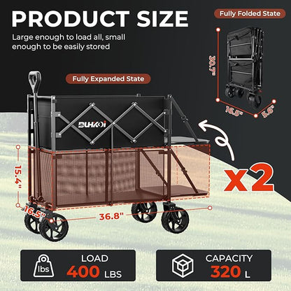 Double Decker Wagon 320L Large Capacity 400LBS Collapsible Sports Utility Cart with Big Wheels,Double Extended Tailgate Heavy Duty Folding Wagon Cart for Groceries,Camping,Outdoor
