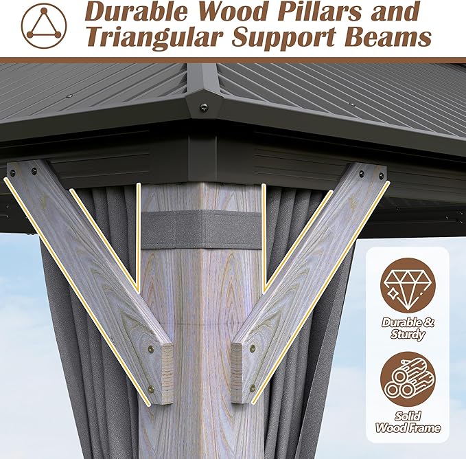 10x12FT Wood Gazebo,Outdoor Wooden Hardtop Gazebo with Galvanized Steel Doule Roof,Cedar Wood Frame Gazebos with Netting &Curtainfor Patio Backyard Deck
