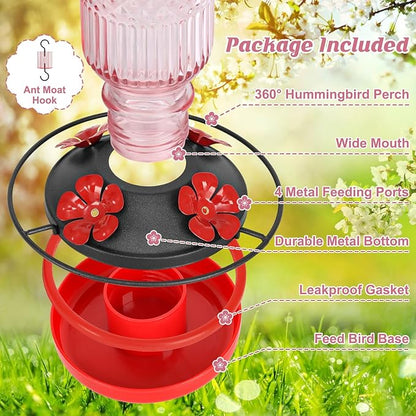 FEED GARDEN Glass Hummingbird Feeders for Outdoors, 16 OZ Pink Hummingbird Feeder with 4 Bee Guard Feeding Ports & Built-in Ant Moat, Humming Bird Feeder, Gifts for Women Mom,1 Pack