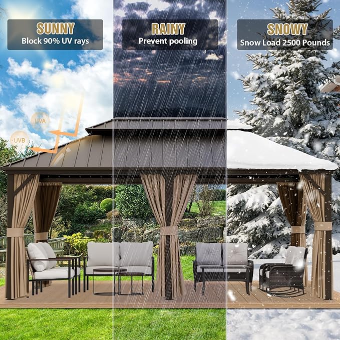 COOS BAY 12x18 Hardtop Gazebo with Aluminum Frame, Galvanized Steel Double Roof Outdoor Pavilion with Netting and Curtains, Dark Brown/Tan