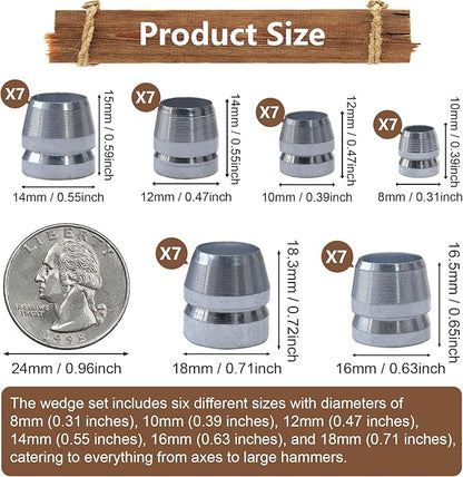 42 PCS Round Axe Handle Wedge Safety Handle Metal Wedge Hammer Handle Wedges Steel Wedge Kit for Axe Hammer Sledge (0.31/0.39/0.47/0.55/0.63/0.71 Inch)