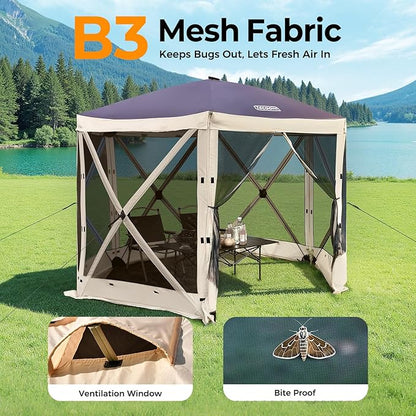 Tecoom 6-Sided Pop Up Gazebo Tent, Screen House with Mosquito Netting Canopy for Camping, 10x10ft Portable Sun Shelter Removable Siedwalls for Outdoor, Garden, Activities, Khaki