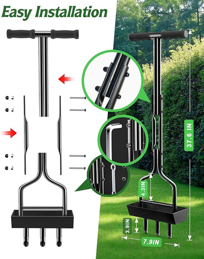 Lawn Aerator Garden Tool with Soil Core Tray, 38” Manual Grass Plug Aerators & A Cleaning Tool, Coring Aeration Tools with 3 Tines for Gardening, Soil Compaction, Lawn Yard Care, Patented Black