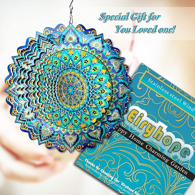 Wind Spinner Mandala Peacock - 12In Laser Cut Stainless Steel Wind Spinners Outdoor, 3D Kinetic Hanging Sculpture, Rustproof Metal Garden Decor Yard Art, Unique Gift for Women, Men, Holidays