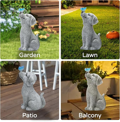 WENYLE Solar Garden Outdoor Statues Dog with Butterfly Lights, Lawn Decor Puppy Figurine for Patio Balcony Yard, Yard Unique Christmas Birthdays Gift for Mom Grandma