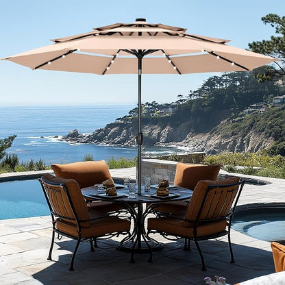 GREEN PARTY 10ft Outdoor Patio Umbrella, Auto-Tilt Market Table Umbrellas with Crank, 8 Sturdy Ribs & 1.5" Pole UV Protection for Garden Deck Backyard Pool
