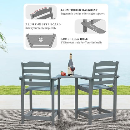 OTSUN Tall Adirondack Chairs Set of 4 with Connecting Tray, 24 inches HDPE Bar Height Outdoor Chairs, All Weather Resistant for Balcony, Porch, Kitchen (4 PCS, Grey)