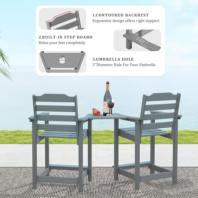 OTSUN 24 Inch HDPE Counter Height Outdoor Chair Set of 2 with Connecting Tray, All Weather Resistant Tall Adirondack Chairs for Balcony, Porch, Kitchen (2 PCS, Grey)