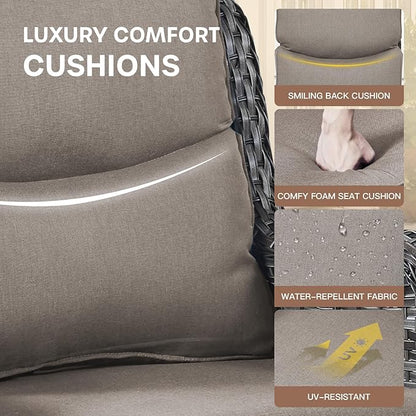 Patio Swivel Chair Set of 2, Resin Wicker Swivel Patio Glider Chairs with Smile-Shaped Cushions, High Back Luxury Swivel Patio Glider Chairs for Outdoor, Grey Wicker|Grey Cushions