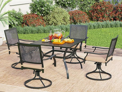 PHI VILLA 5 Pieces Outdoor Dining Set for 4, 37" Square Metal Wrought Iron Table with Umbrella Hole & Swivel Steel Chairs with Cushions, Modern Furniture Set for Patio, Deck, Porch, Yard