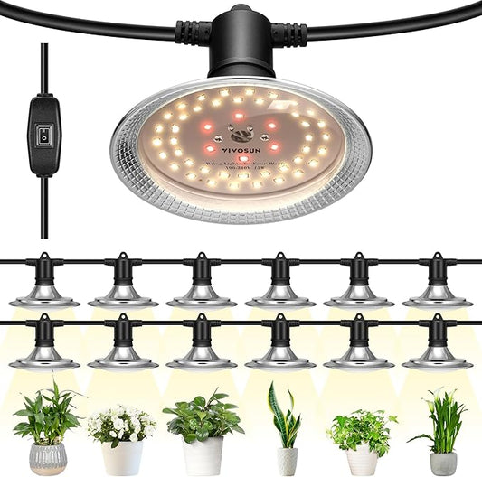 VIVOSUN Outdoor LED Grow Lights, Waterproof String Grow Light, Full Spectrum Plant Growing Lights with 44Ft Adjustable Cord for Seedling, Veg, Flower in Greenhouse, Garden, Backyard, Farm (12-Light)