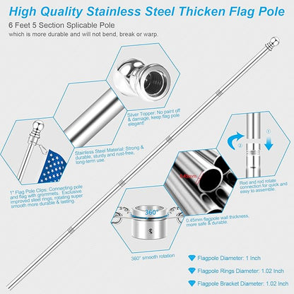 6 FT Metal Flag Pole Kit for Outside House w/ 2-Position Holder Bracket & 360° Rotating Flagpole Rings, 1" Stainless Steel Spinning Outdoor Porch Wall Mounted Flag Poles for 3x5 4x6 Flag(6 FT, Silver)