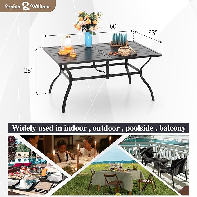 Patio Outdoor Table and Chairs Set with Umbrella Orange Red, Patio Dining Sets for 6, 7 Pieces Patio Table Set Clearance for Backyard Deck Porch Outside, Metal Table with Hole & Rattan Chairs