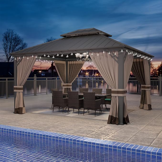 Gotland 12' x 14' Khaki Hardtop Gazebo with Curtains and Netting, Double Roof Iron Metal Pergola for Patio, Garden, Lawn