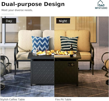 MFSTUDIO 6 Pieces Patio Furniture Sets with 45" Gas Fire Pit Table(Up to 7 Seat),Outdoor Metal Conversation Sofas with 1 x 3-Seat Sofa, 2 Swivel Chairs and 2 Ottoman,Beige Cushion