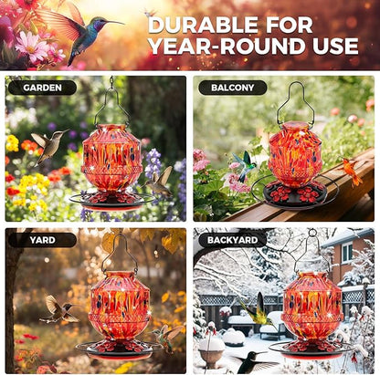 Blown Glass Hummingbird Feeders for Outdoors, 25 Ounces Wild Bird Nectar Feeder with Perch & 5 Flower Feeding Ports Leak Proof Hanging for Garden Backyard Decor, Gifts for Women Mom, Sunrise Red