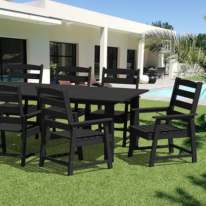LOUNZY 7 Pieces Patio Dining Sets, 75.2'' Table Outdoor HDPE Furniture Set w/ 2" Hole Cut-Out Dining Table with 6 Patio Chairs for Lawn, Pool and Yard,Black