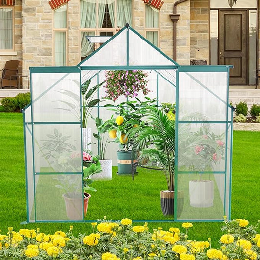 Favfurish 8X8 FT Greenhouses for Outdoors,Polycarbonate Greenhouse, Aluminum Heavy Duty Walk-in Green Houses, Adjustable Roof, Raised Base and Double Sliding Door for Outside Backyard, Green